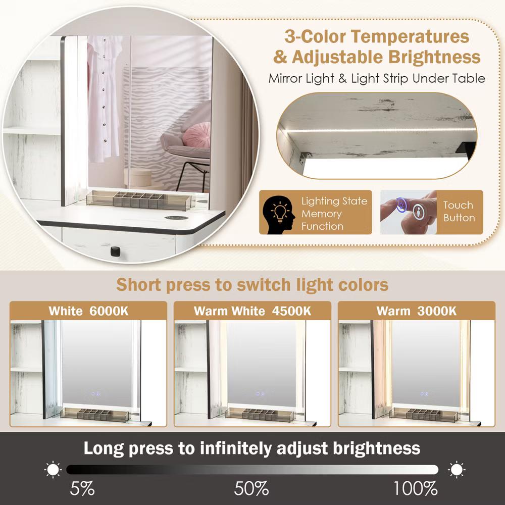 Vanity Set with Dimmable Lighted Mirror 3 Lighting Modes - Image 16