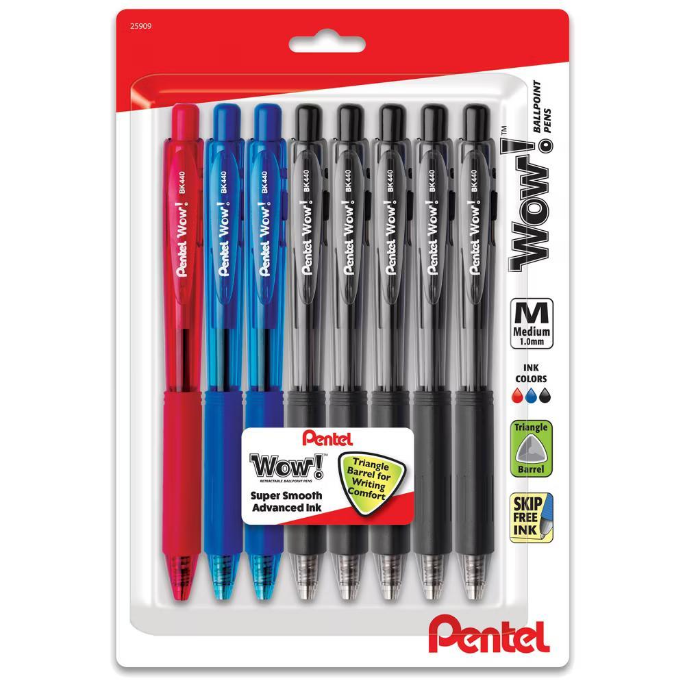 8pk Wow! Ballpoint Pens 1mm Black/Blue/Red: Retractable Click Pens for Art & Office, 8 Pack - Image 4