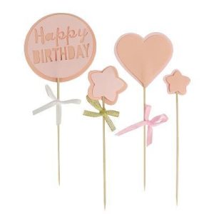 Pink 'Happy Birthday' Cake Topper, Set of 4