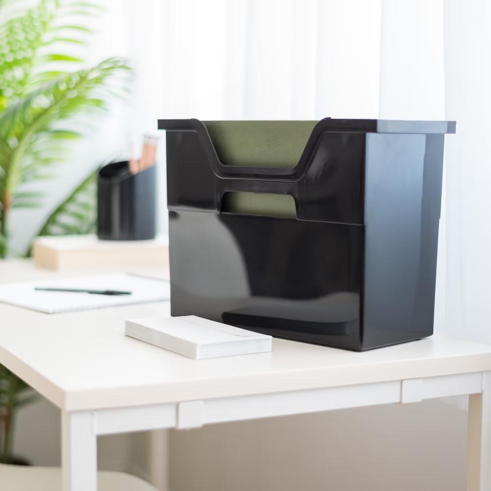 USA Portable Letter Size Desktop File Box with Open Lid, Side Handles, Hanging File Folders - Image 15