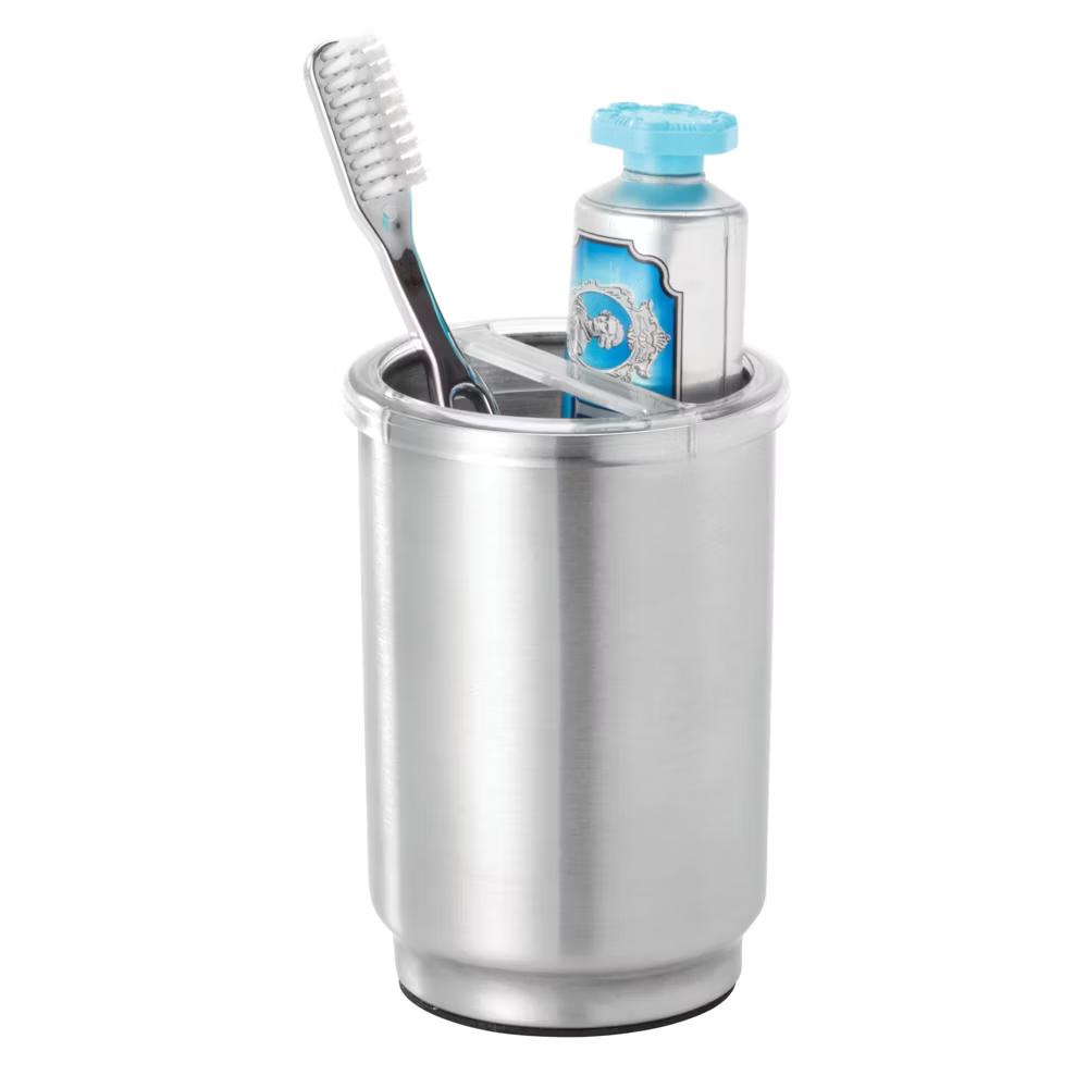 Austin Covered Toothbrush Holder Clear/Brushed: Bathroom Organizer with Steel & Plastic Design - Image 2
