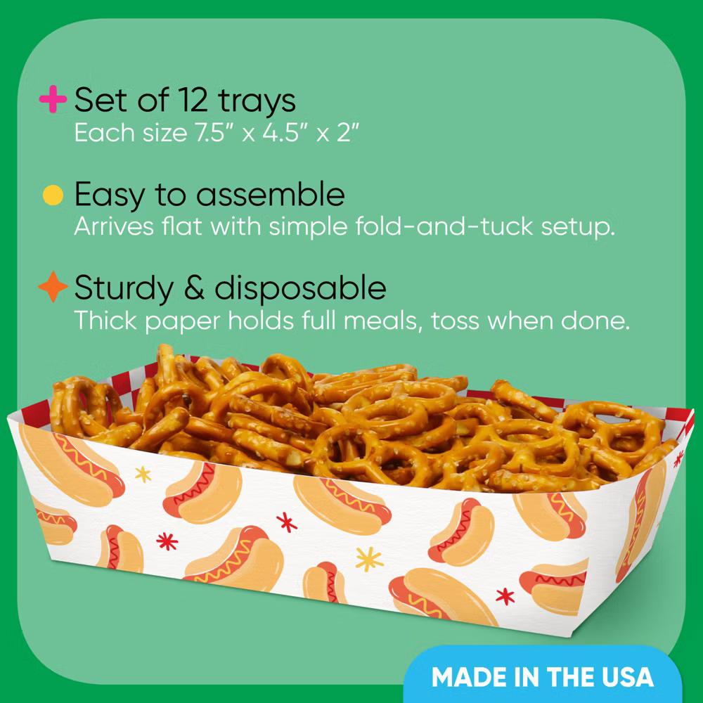 Hot Dog Food Trays, Disposable Food Boats for Summer Birthday BBQ Picnic Party, Double-Sided Paper Meal Holders for Snacks 12 Ct - Image 3