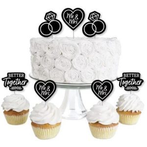 Mr. and Mrs. - Dessert Cupcake Toppers - Black and White Wedding or Bridal Shower Clear Treat Picks - Set of 24