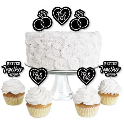 Mr. and Mrs. - Dessert Cupcake Toppers - Black and White Wedding or Bridal Shower Clear Treat Picks - Set of 24