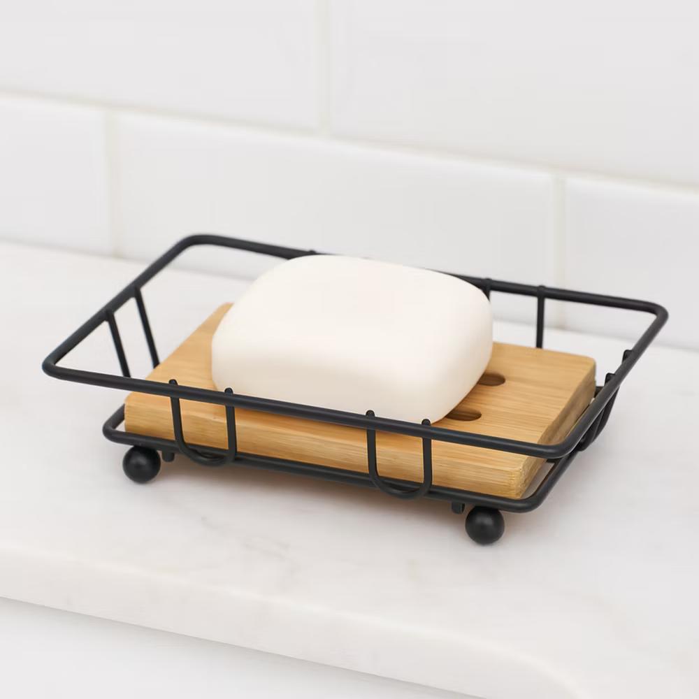 French Home Goods Bamboo Soap Dish Tray with Metal Wire Frame – Self-Draining Design, Ideal for Bathroom or Kitchen Counters - Image 5