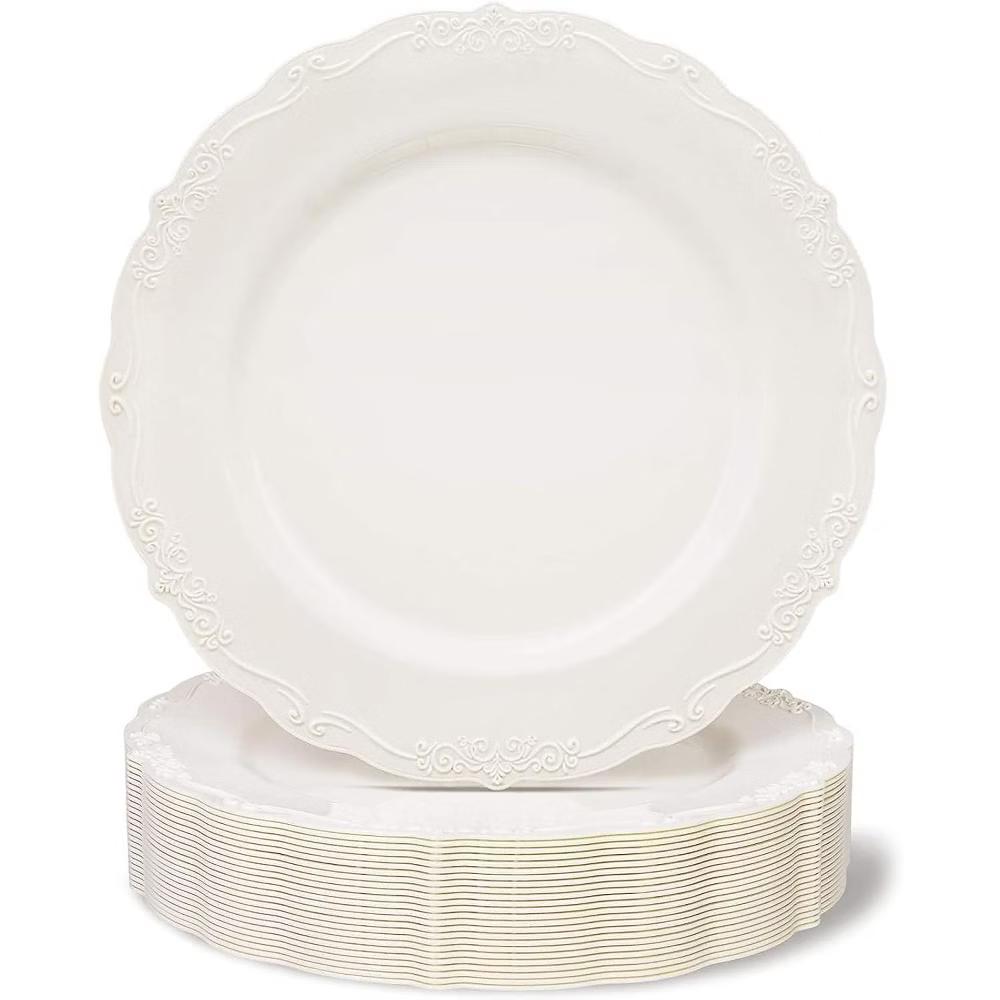Juvale Cream Disposable Dinner Plates, 25-Pack, 10 In Vintage Plastic Plates for Weddings, Bridal Showers, Parties & Special Events - Image 3