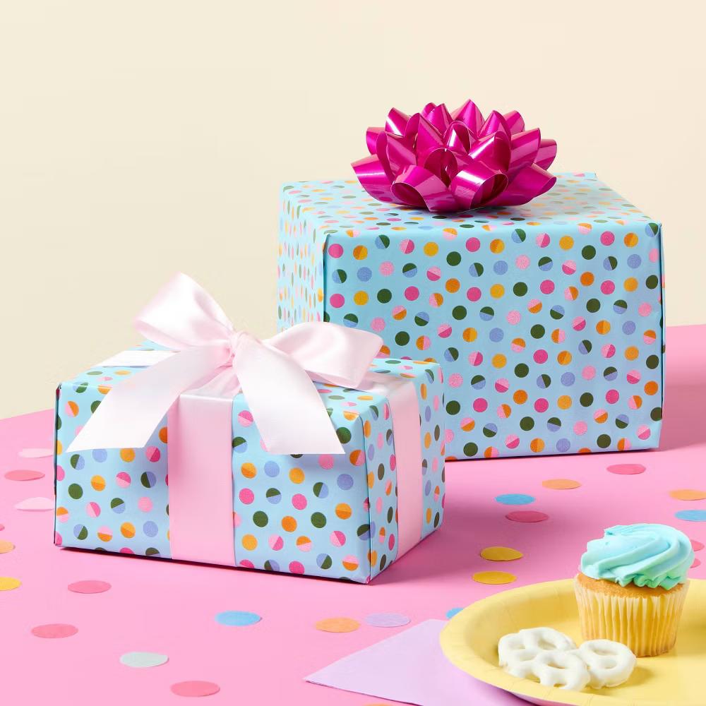 96"x30" Polka Dot Wrapping Paper Blue/Colorful - Birthday Gift Wrap, Multi-Colored- 96" 30" - Image 3