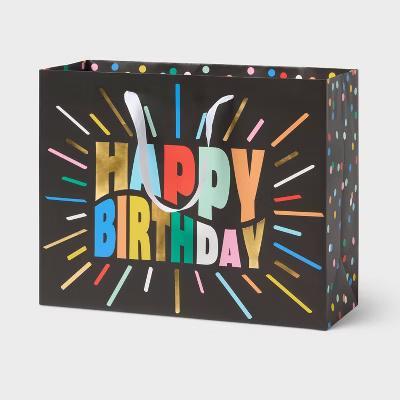 Large 'Happy Birthday' with Gold Foil Accents Starburst Birthday Gift Bag Black
