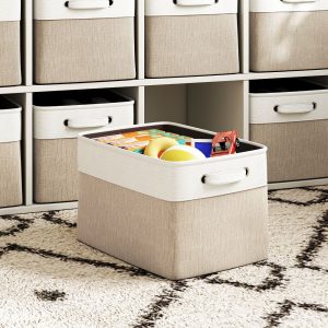 SUGIFT 4 Pcs Collapsible Storage Cube Bins with Handles Linen Fabric Organizer Bin with Metal Frame and Hard Bottom for Clothes Toys Books