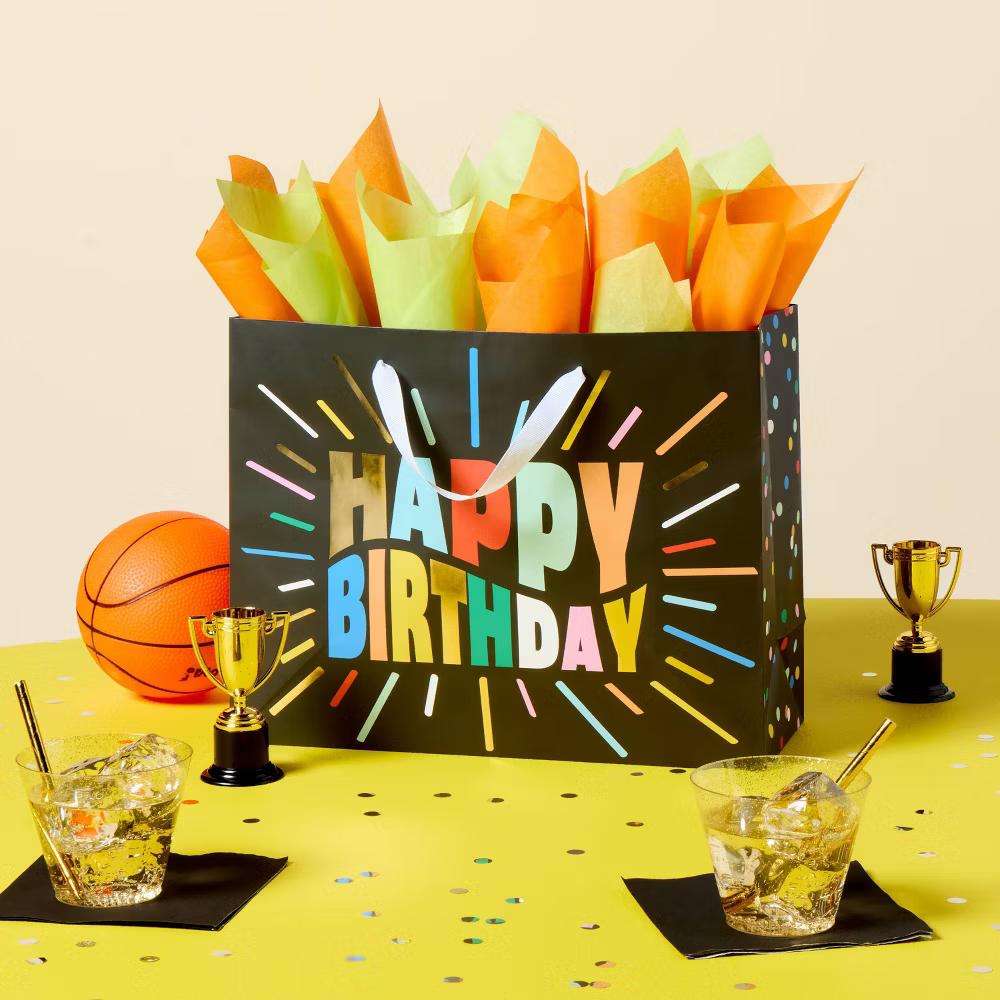 Large 'Happy Birthday' with Gold Foil Accents Starburst Birthday Gift Bag Black - Image 3