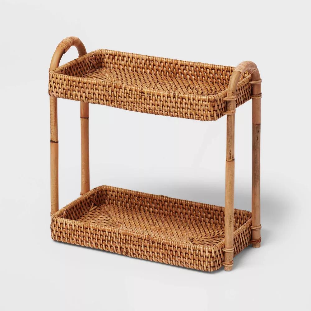 Natural Woven Tiered Vanity Bathroom Tray - Rattan Countertop Storage Accessory, Spot Clean - Image 2