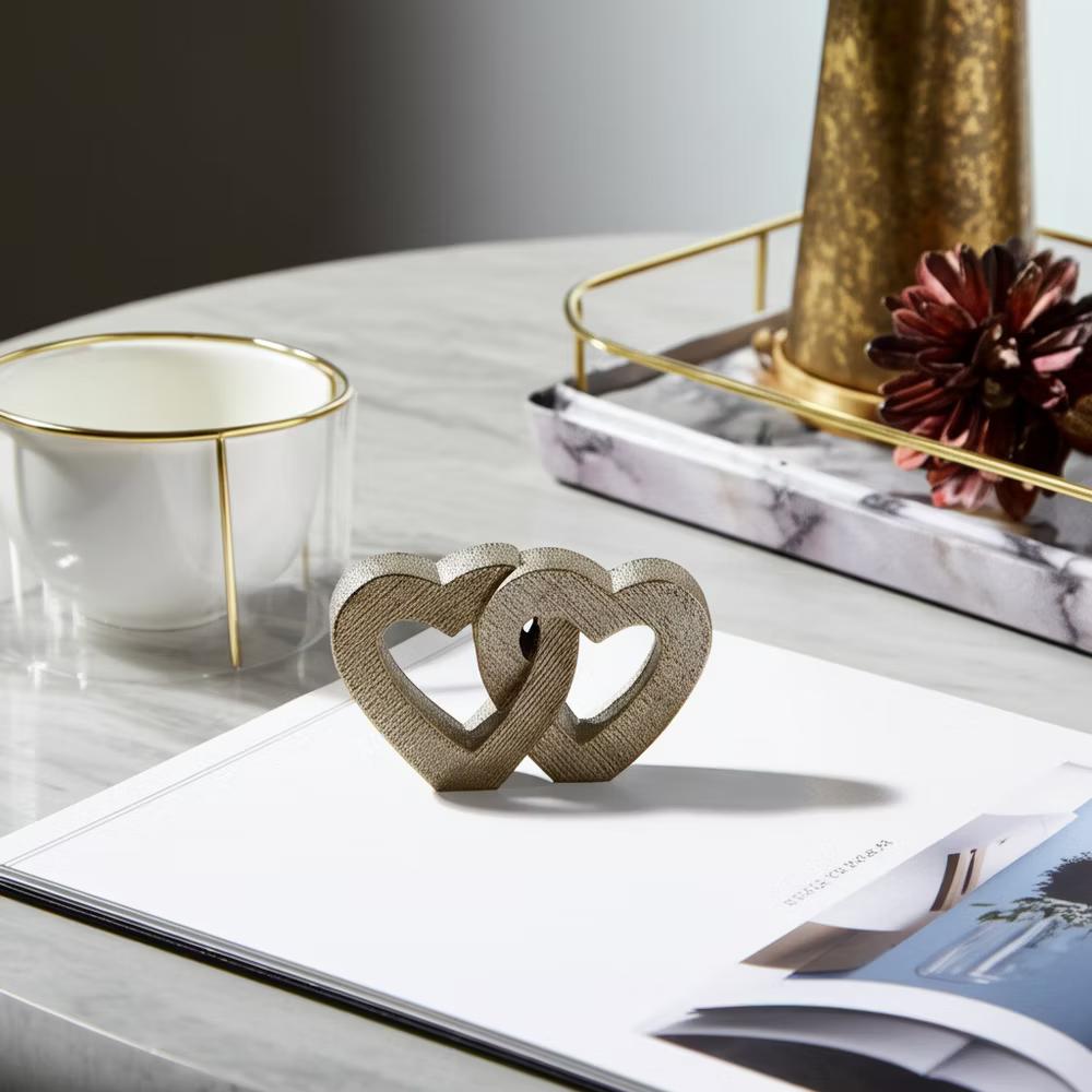 Interlocking Heart Sculpture for Home Decor - Ceramic Heart Ornament for Living Room, Bedroom, Bathroom or Office - 6", Gold & Metallic - Image 2
