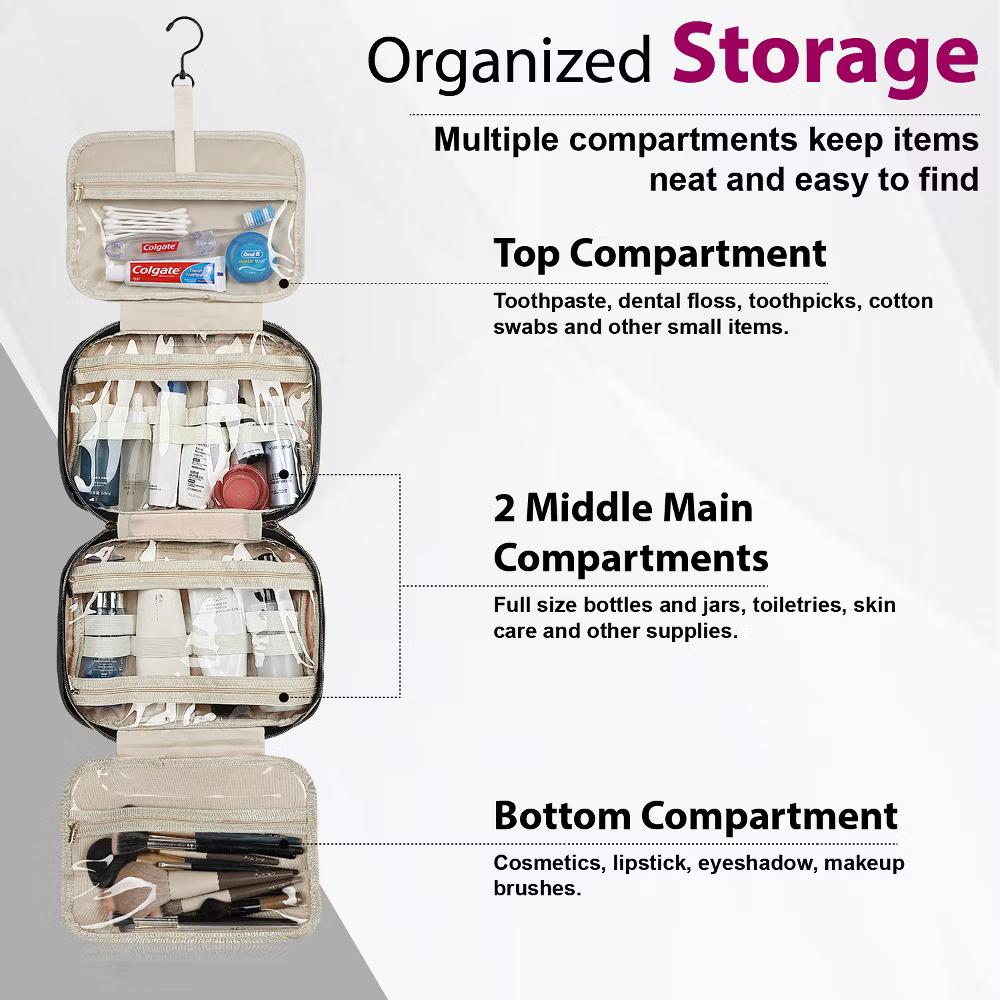 Mber Travel Toiletry Bag Hanging, Travel Makeup Bag, Large Hanging Toiletry Bags with Clear Compartments for Weekender Cosmetic Travel Bags, Black - Image 3