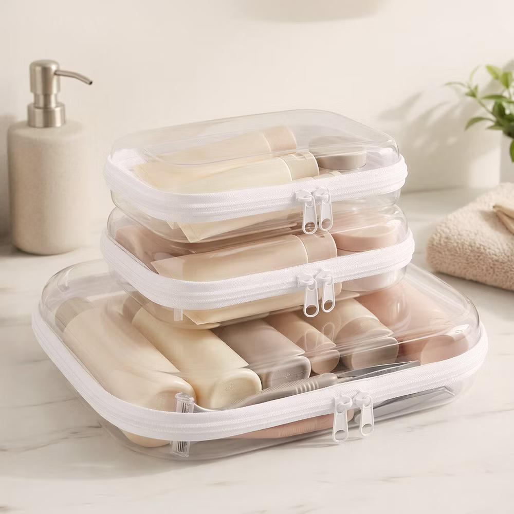Transparent Hard Shell Zipper Case, Clear Travel Storage Organizer for Toiletries, Makeup, and Cosmetics (Set of 3) - Image 10
