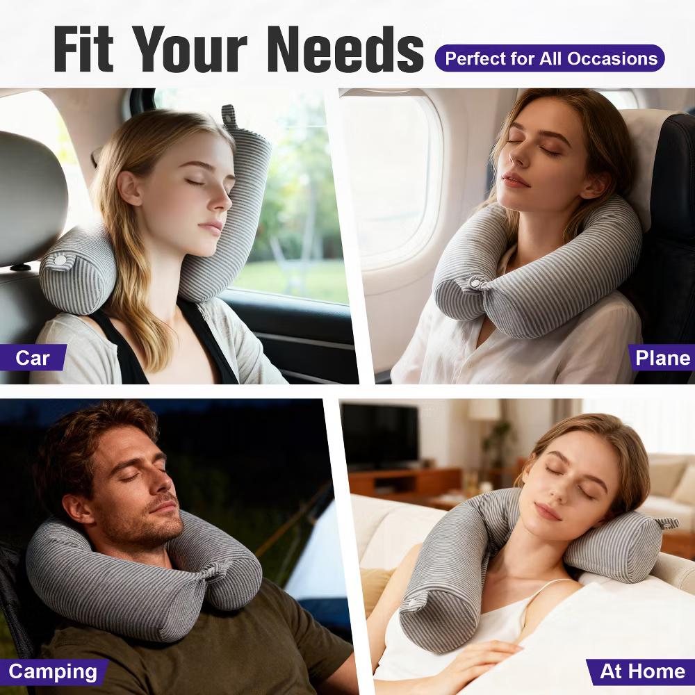 Memory Foam Travel Pillow, Travel Neck Pillow For Airplanes Car, Flexible U-Shaped Plane Pillow With Washable Cover, Gray Stripes