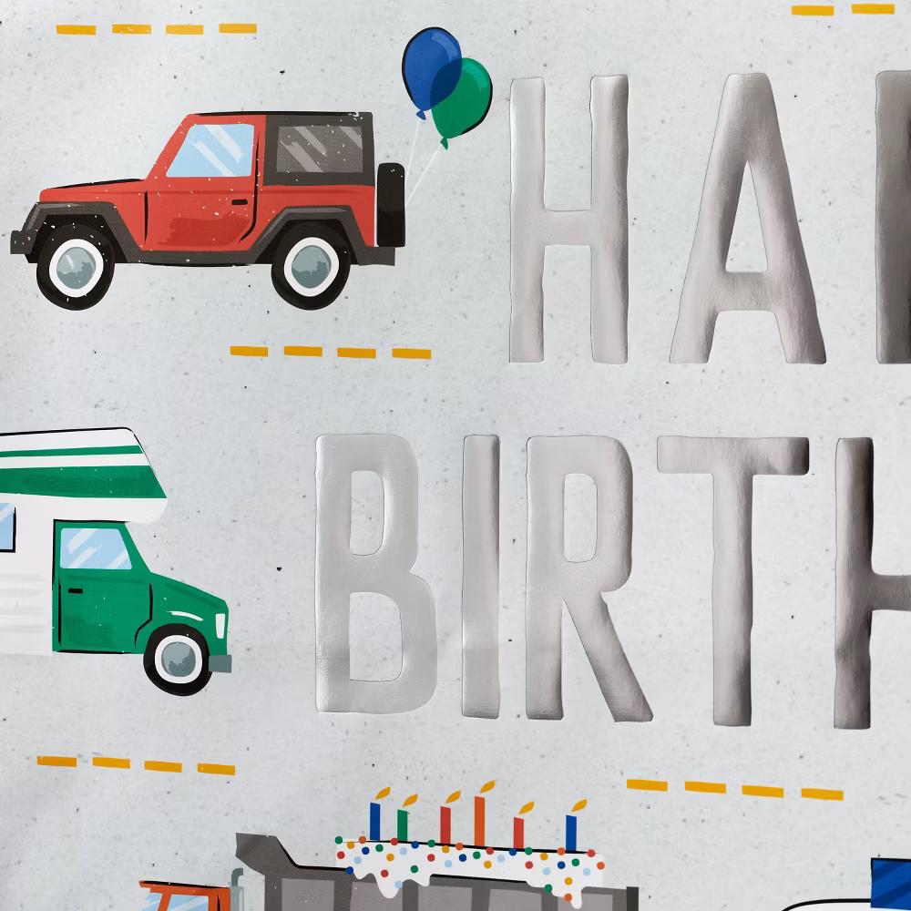 Large Square 'Happy Birthday' Vehicles Gift Bag White - Multicolor Boys Birthday Party Gift Bag, 15"x15"x8"