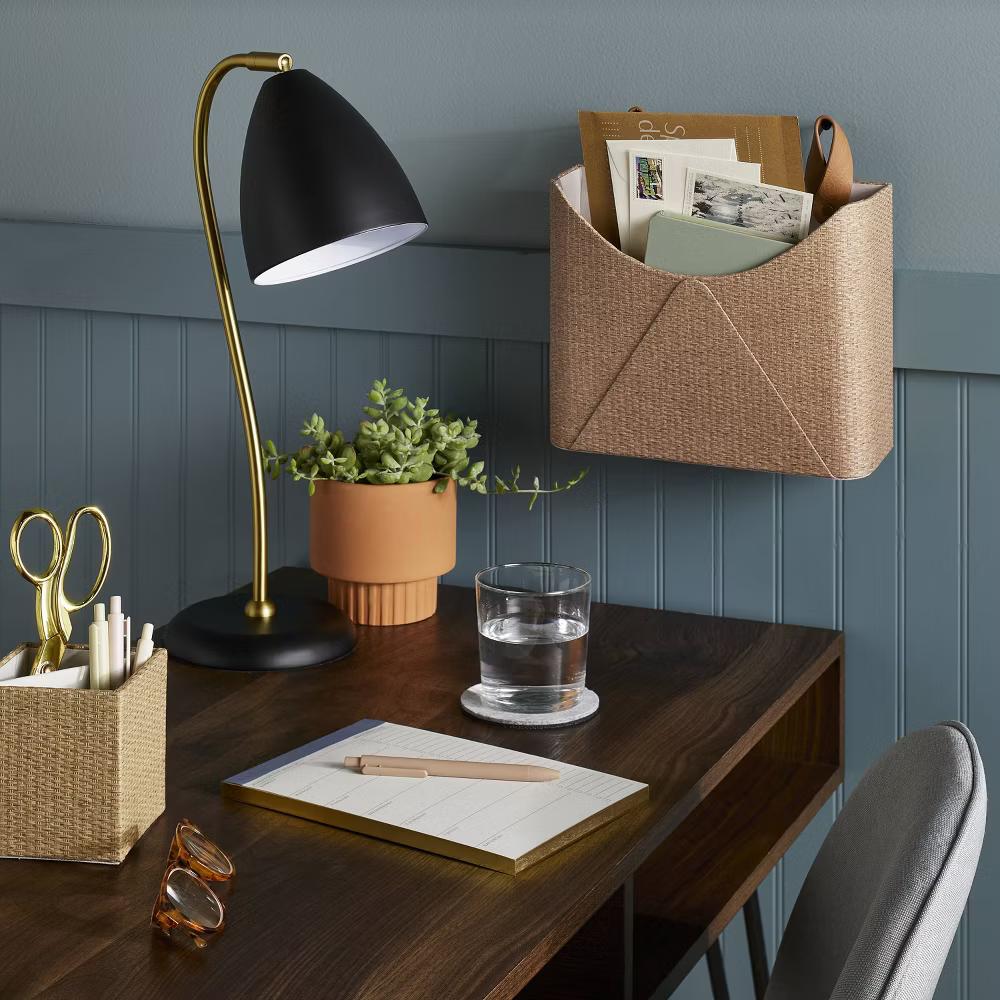 Woven Wall Pocket with Faux Leather Loop Taupe - Wall File & Mail Organizer, Office Holder - Image 2