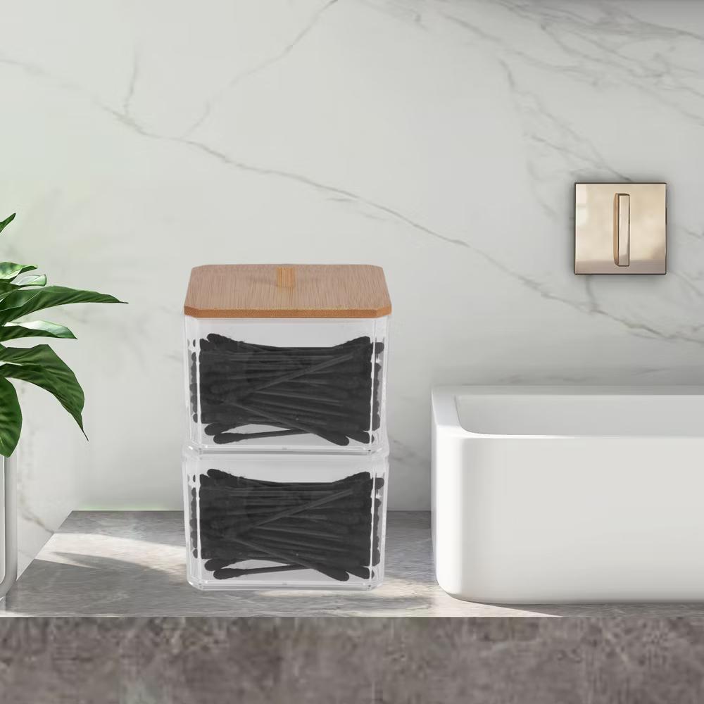 Square Bamboo Cover Acrylic Cotton Swab Holder Bathroom Transparent Wood-Tone 1 Pc - Image 4