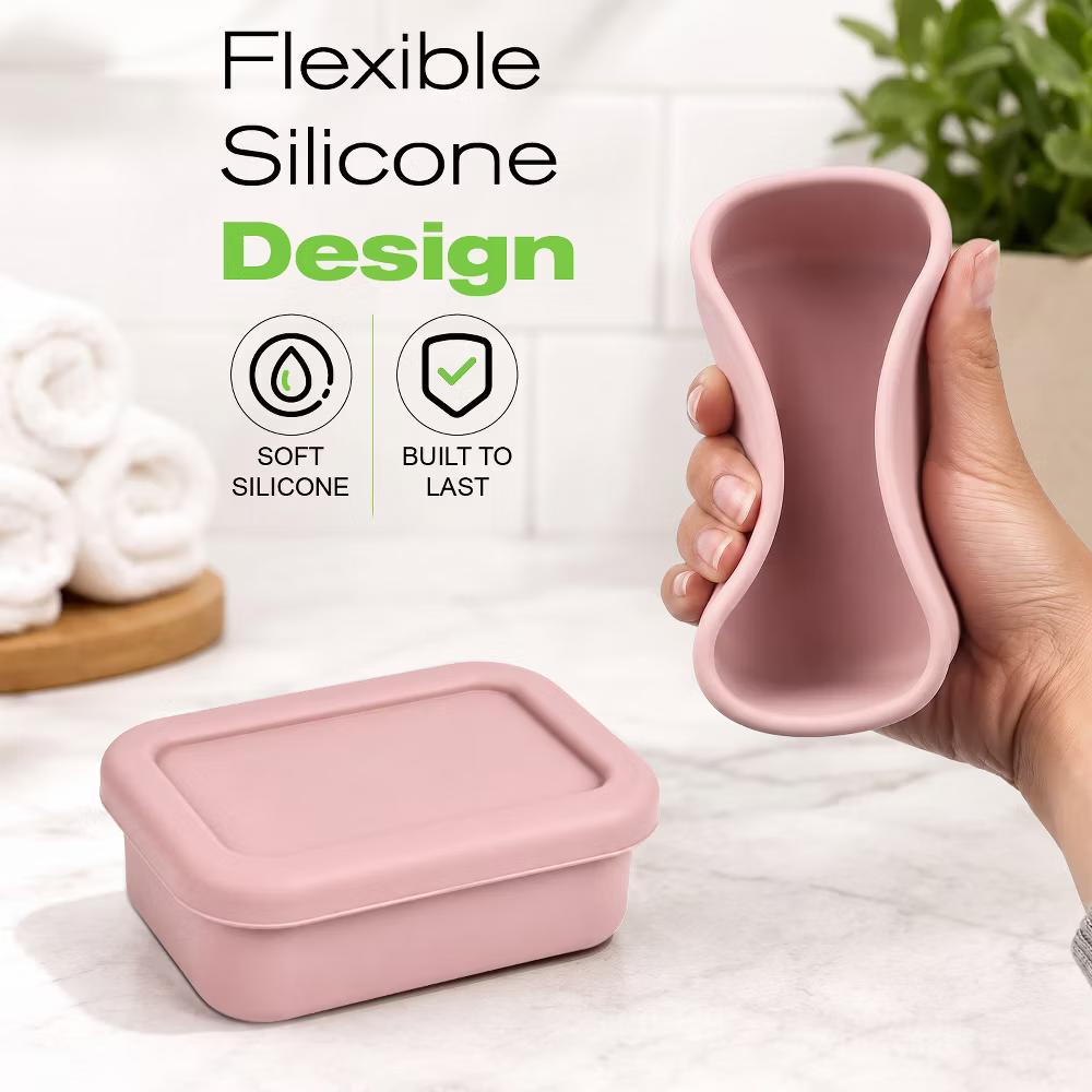 Garnen Bar Soap Holder Travel Case, Soap Dish with Lid, Silicone Travel Soap Case 4.7"x3.3" Self Draining Soap Bar Holder for Bathroom Shower, Pink