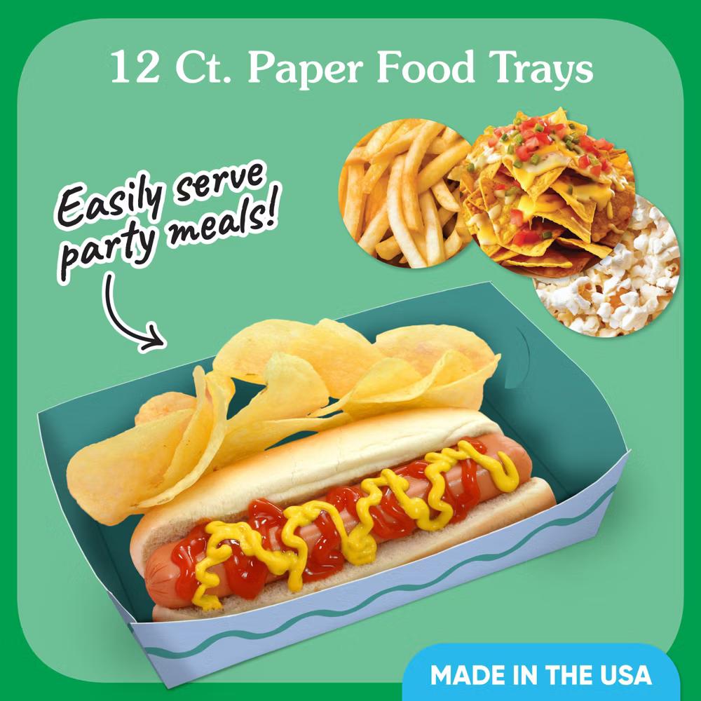 Blue and Teal Wavy Paper Food Trays, Disposable Food Boats Retro Birthday Party, Double-Sided Meal Holders - Set of 12 - Image 2