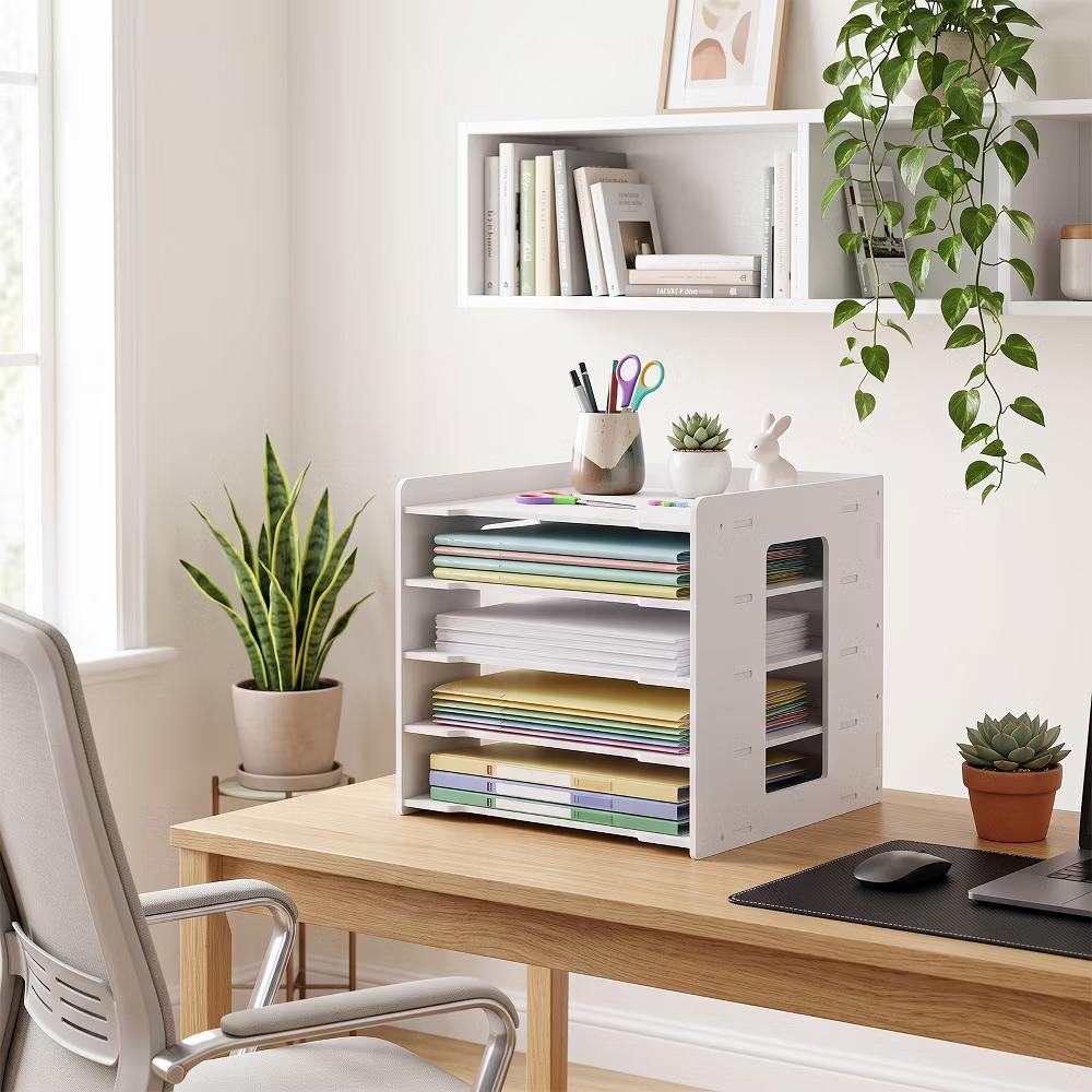 Multi-Layer Desktop File Organizer, Adjustable A4 Paper Storage Rack, Waterproof PVC Wood Plastic Board, Office Desk Folder Holder - Image 14