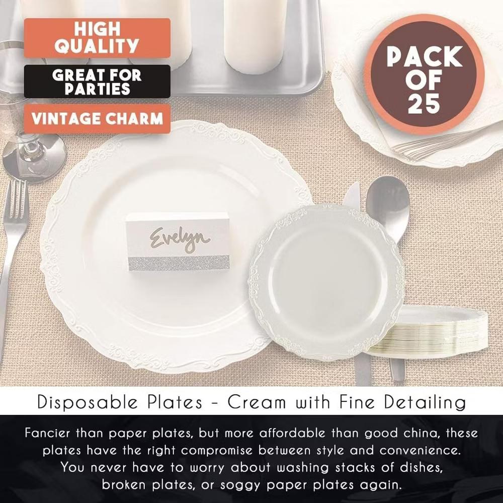 Juvale Cream Disposable Dinner Plates, 25-Pack, 10 In Vintage Plastic Plates for Weddings, Bridal Showers, Parties & Special Events - Image 4
