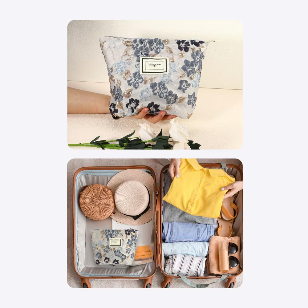 Travel Zipper Floral Makeup Bags and Organizers Gray Blue - Image 4