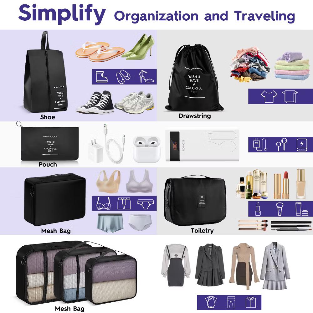 8pc Packing Cubes For Travel, Hanging Toiletries Travel Bags Makeup, Suitcase Luggage Organizer Bags, Travel Cubes Set, Black - Image 5