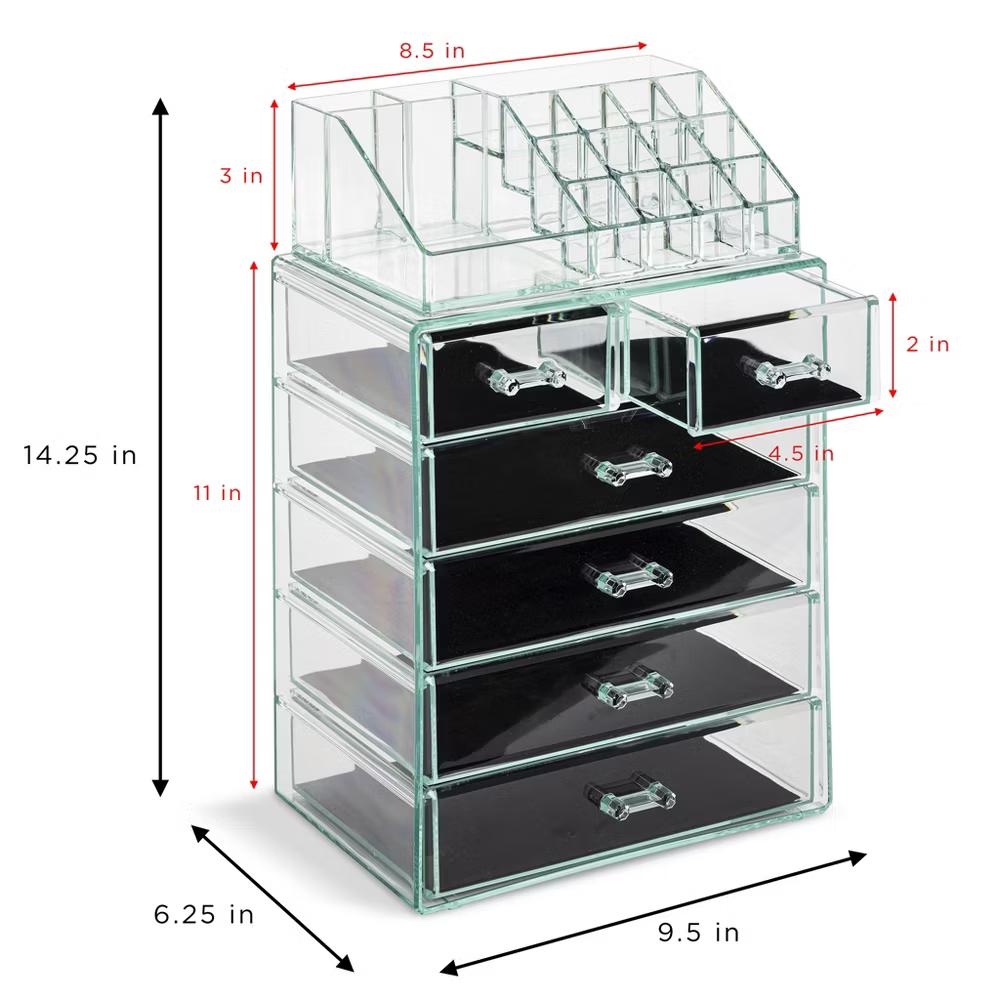 2 Piece Acrylic Makeup and Jewelry Storage Organizer Case (6 Drawers and Lipstick Tray) - Image 48