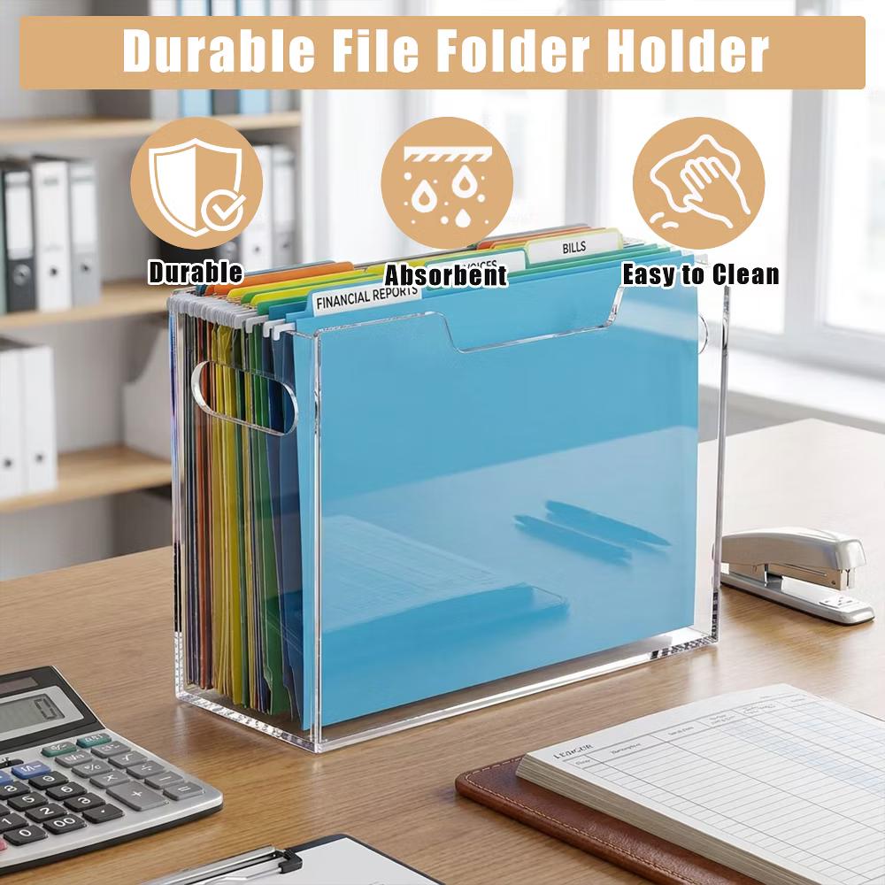 File Organizer Box for Letter Size Hanging Folders, Acrylic Desk File Holder with Portable Handle, Clear Modern Document Storage Rack for Office - Image 9