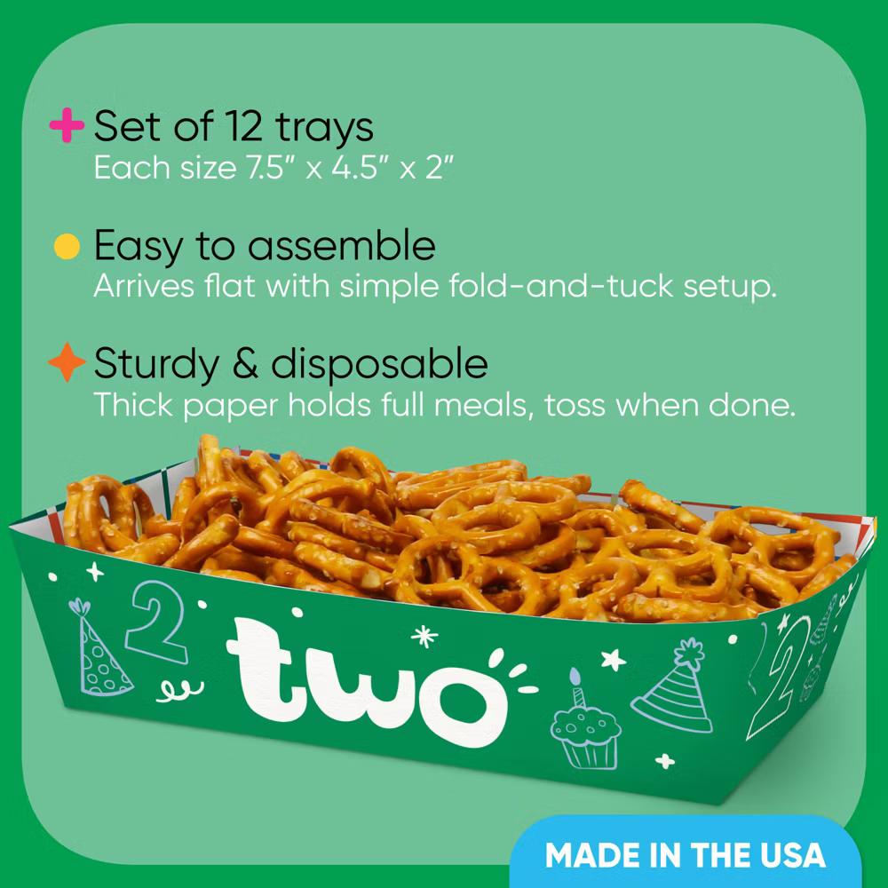 Time Two Party 2nd Birthday Paper Food Trays, Disposable Food Boats for Colorful Birthday, Double-Sided Meal Holders - 12 Ct - Image 5