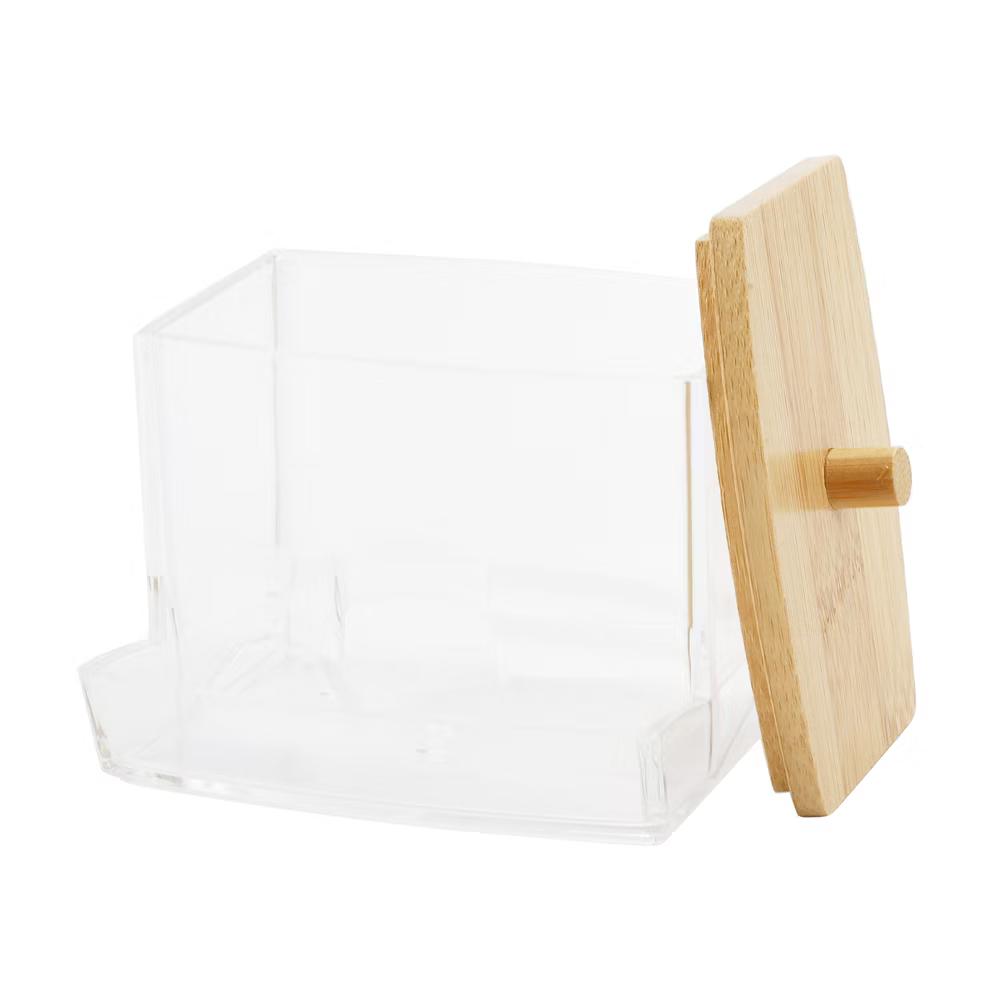 Acrylic Bamboo Wood Cotton Swab Jar Clear Wood Color - Image 11