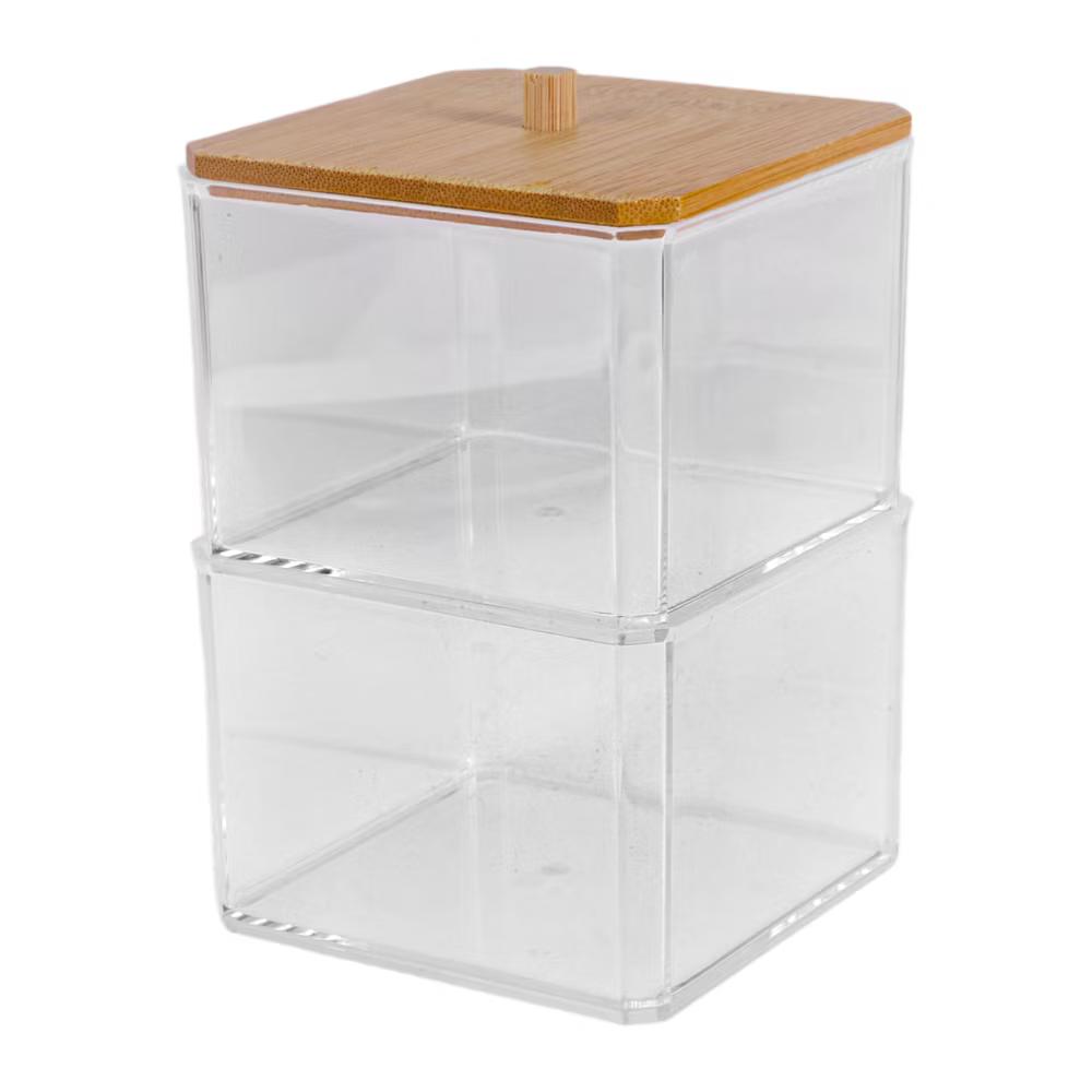 Square Bamboo Cover Acrylic Cotton Swab Holder Bathroom Transparent Wood-Tone 1 Pc - Image 7
