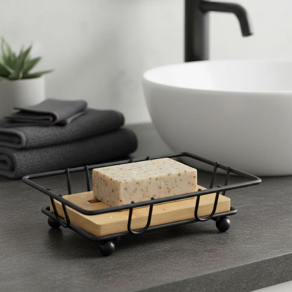 French Home Goods Bamboo Soap Dish Tray with Metal Wire Frame – Self-Draining Design, Ideal for Bathroom or Kitchen Counters - Image 7