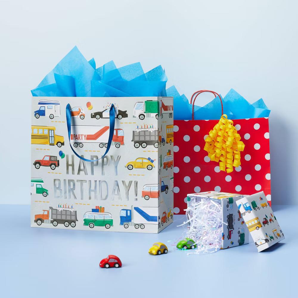 Large Square 'Happy Birthday' Vehicles Gift Bag White - Multicolor Boys Birthday Party Gift Bag, 15"x15"x8" - Image 2