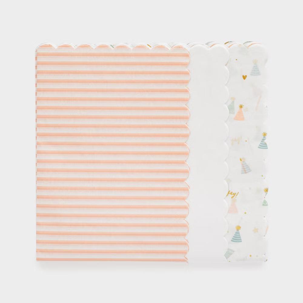 25ct Scalloped Edge Party Hats and Striped Tissue Paper White/Pink