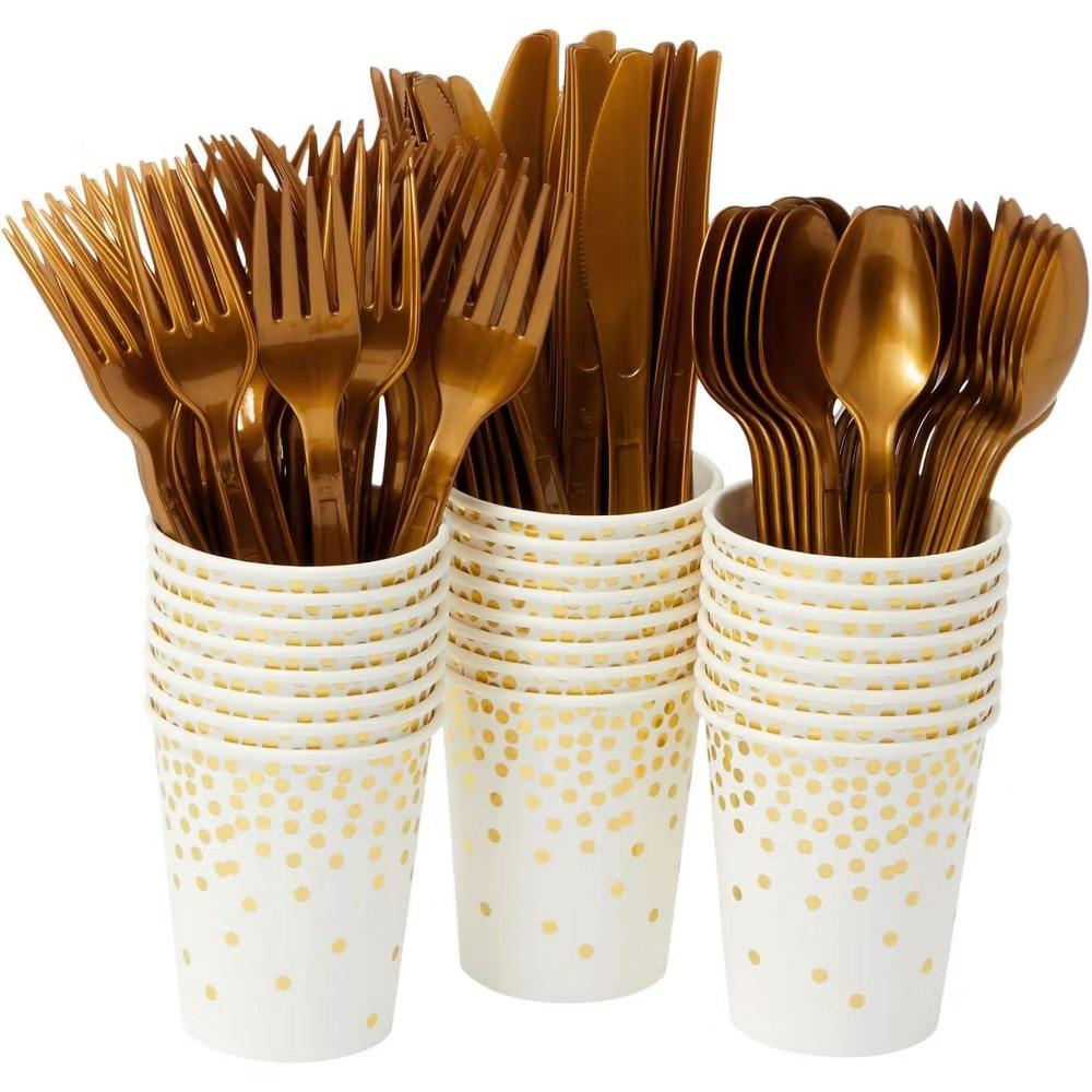 Juvale Gold Confetti Party Tableware Set, 144 Pieces, Serves 24, Plates, Cups, Napkins & Cutlery for Birthdays, Bridal Showers & Parties - Image 6