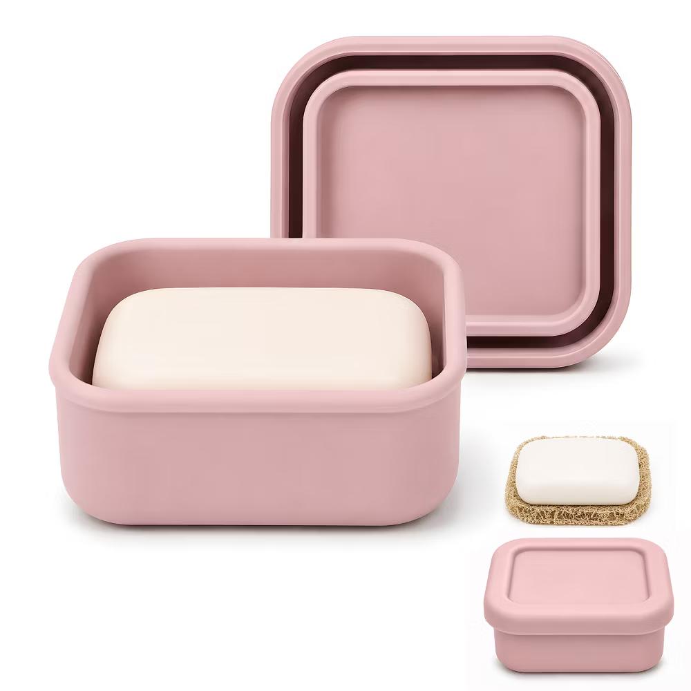 Garnen Bar Soap Holder Travel Case, Soap Dish with Lid, Silicone Travel Soap Case 3.8"x3.4" Self Draining Soap Bar Holder for Bathroom Shower, Pink - Image 3