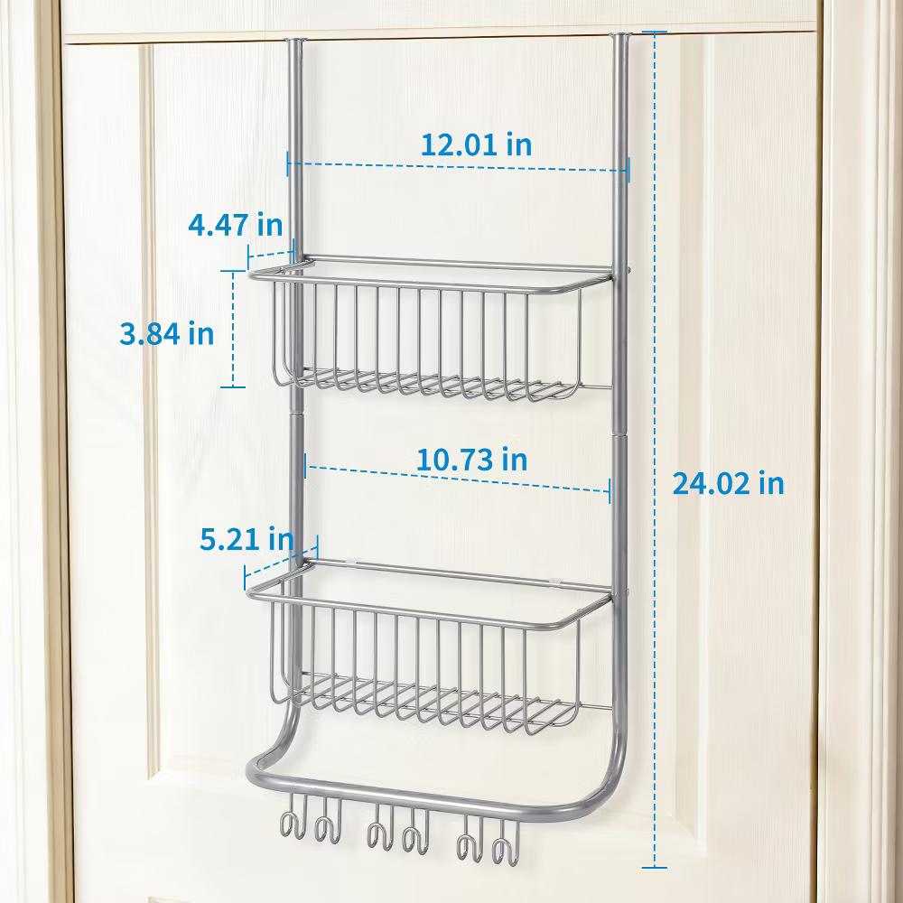 Over The Door Organizer, 2-Tier Metal Shower Caddy with 6 Hooks, Adjustable Hanging Storage - Image 10