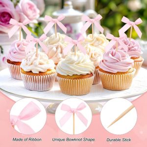 Non Edible Durable Pastel Ribbon Cupcake Toppers 60 Pcs Pink