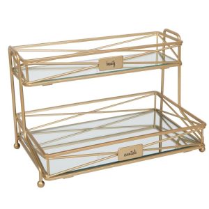 Two Tier Large Vanity Tower Satin Gold - Steel Bathroom Organizer, Perfume Display Tray