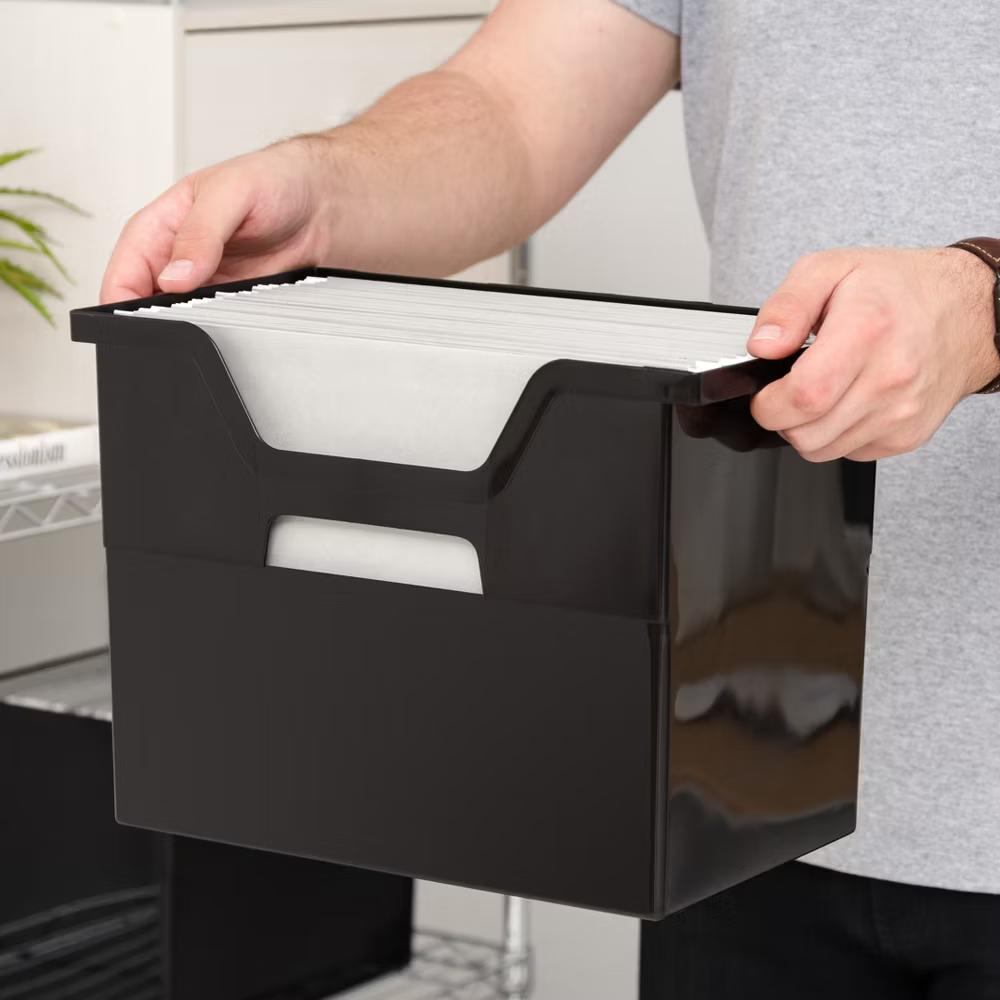 USA Portable Letter Size Desktop File Box with Open Lid, Side Handles, Hanging File Folders - Image 3