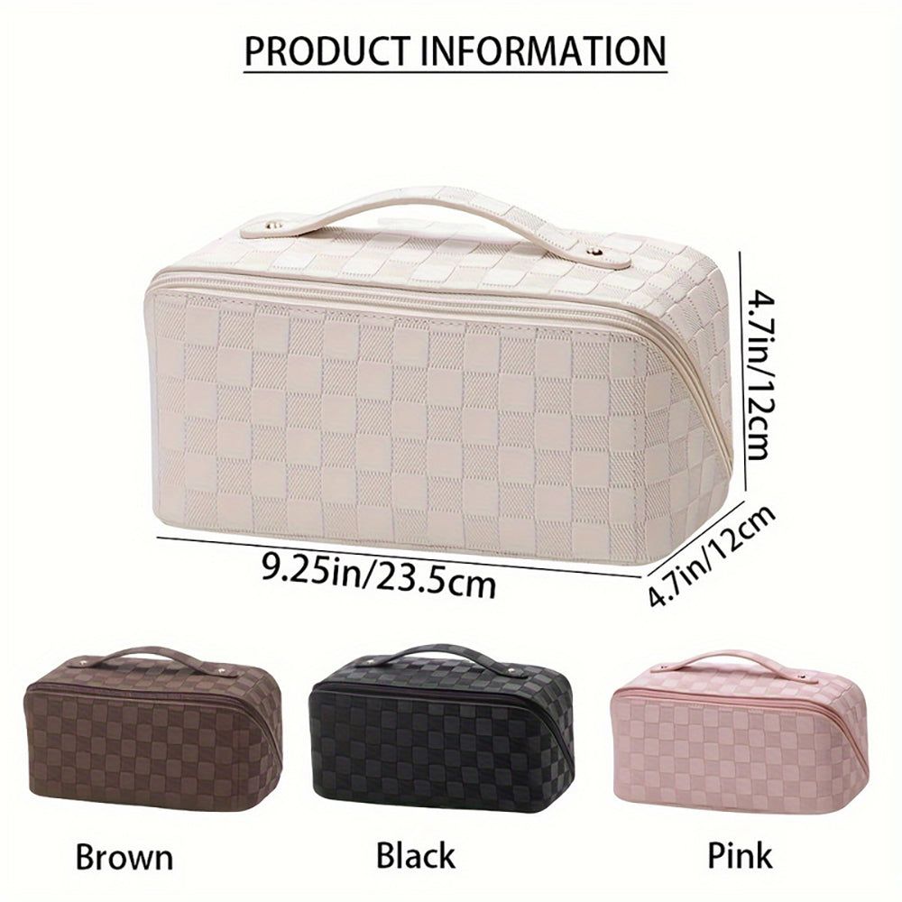 Checkered Makeup Bag, Large Capacity Cosmetic Bag with Handle, Portable Waterproof Travel Toiletry Organizer for Women - Image 4