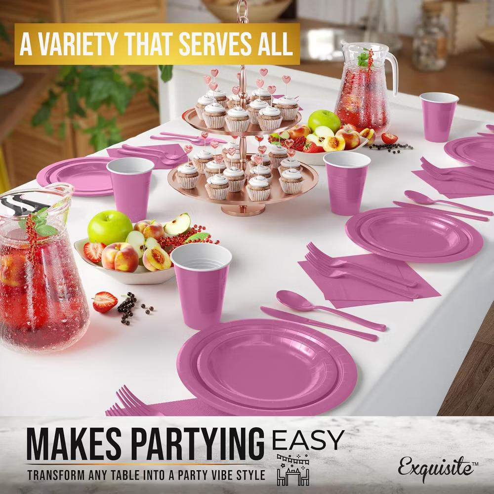 Exquisite Pink Party Tableware Set – 222-Piece Disposable Dinnerware Kit Serves 20 Guests | Paper Plates, Plastic Cups, Cutlery, Napkins & Table Cover - Image 4