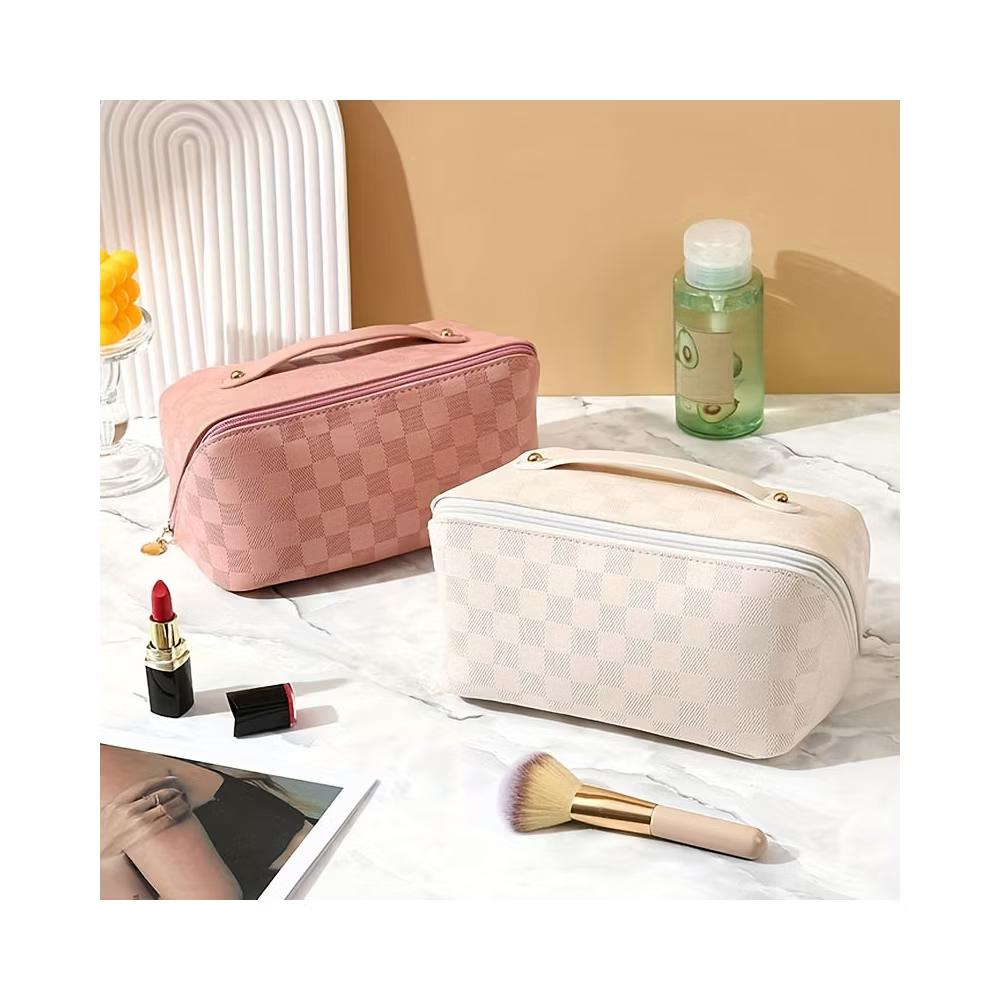 Checkered Makeup Bag, Large Capacity Cosmetic Bag with Handle, Portable Waterproof Travel Toiletry Organizer for Women - Image 15