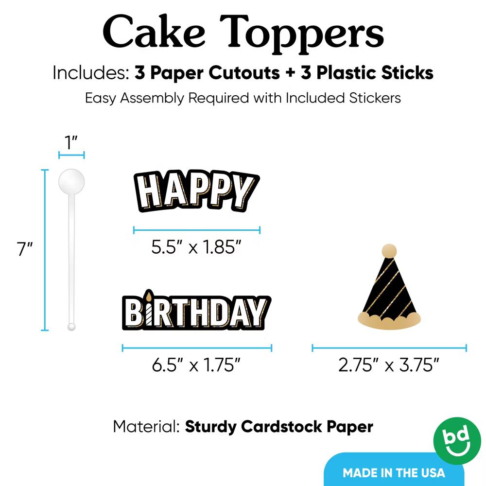 Happy Birthday Cake Topper Set, Black and Gold Birthday Party Decorations for Adults or Milestone Celebrations - Image 3