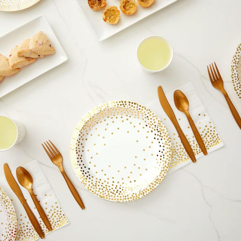 Juvale Gold Confetti Party Tableware Set, 144 Pieces, Serves 24, Plates, Cups, Napkins & Cutlery for Birthdays, Bridal Showers & Parties - Image 4