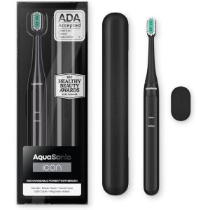 AquaSonic Icon Rechargeable Electric Toothbrush - ADA Accepted, Magnetic Holder, Slim Travel Case, 2 Brushing Modes, Timer