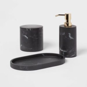 Marble Soap Pump Black - Resin Bathroom Dispenser, Refillable, Spot Clean, 250ml Capacity
