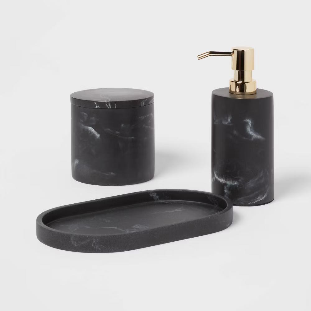 Marble Soap Pump Black - Resin Bathroom Dispenser, Refillable, Spot Clean, 250ml Capacity